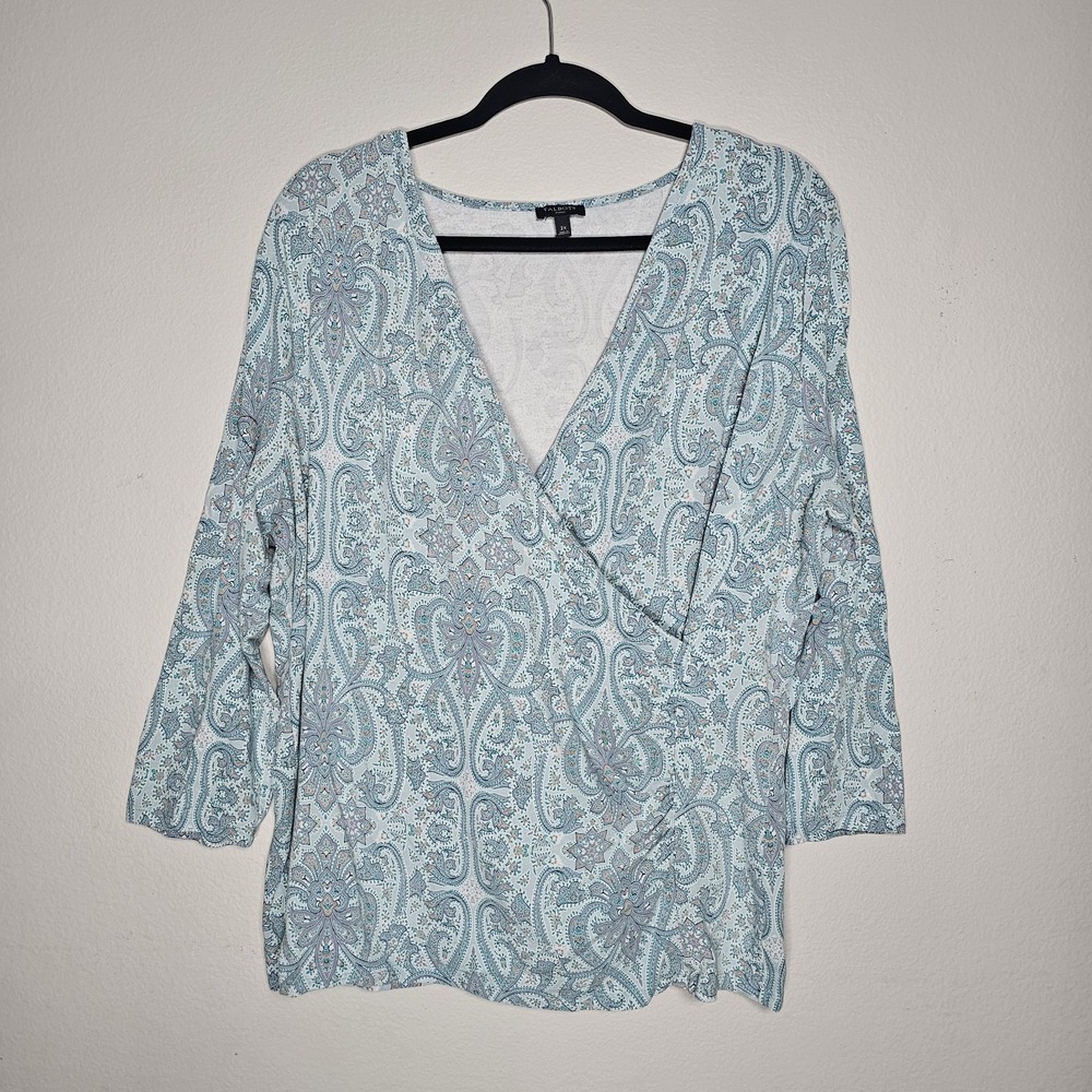 Talbots Womens 2X Blue Paisley Floral V-Neck Side Ruched 3/4 Sleeve Top